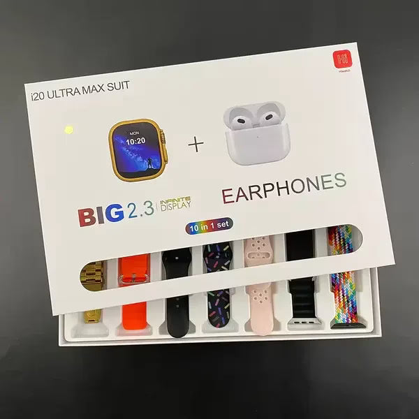 I20 Ultra Max Smart Watch 10-in-1 box set comes with EarBurds